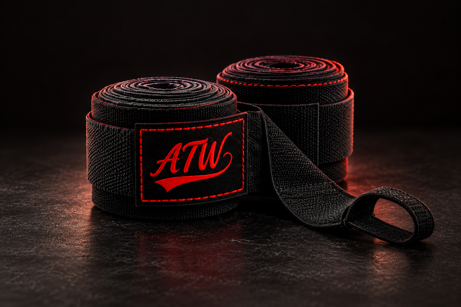 Två svarta boxningslindor med röd ATW-logotyp